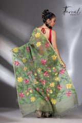 Mos green with multicolour 108 lotus motifs handwoven muslin silk jamdani saree