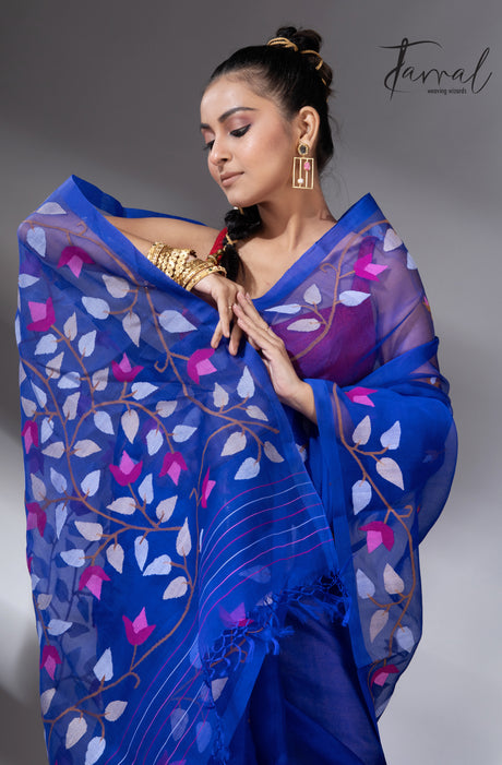 Deep Indigo with multi colour muslin silk floral handwoven jamdani saree