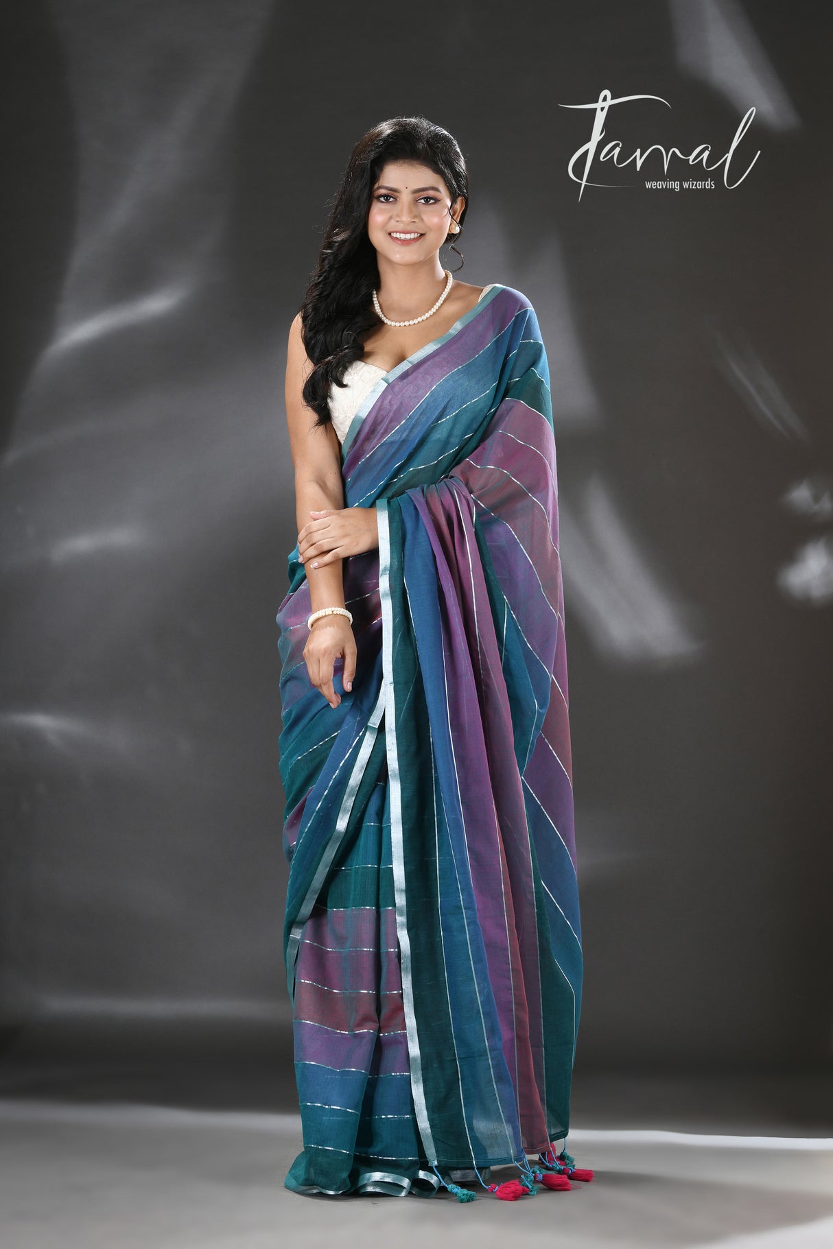 Purple with other colours silver zari pure mul cotton handloom saree