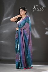 Purple with other colours silver zari pure mul cotton handloom saree