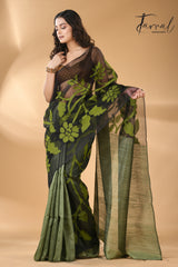 Bottle Green half & half muslin matka handwoven jamdani saree