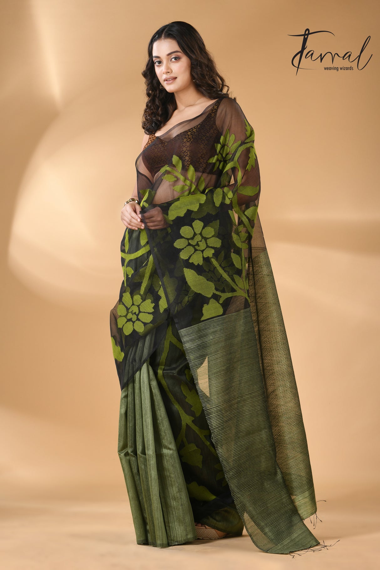 Bottle Green half & half muslin matka handwoven jamdani saree