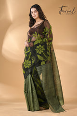 Bottle Green half & half muslin matka handwoven jamdani saree