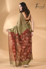 Mehendi Green With Red Star Pallu silk linen handwoven jamdani saree - Tamal Boutique