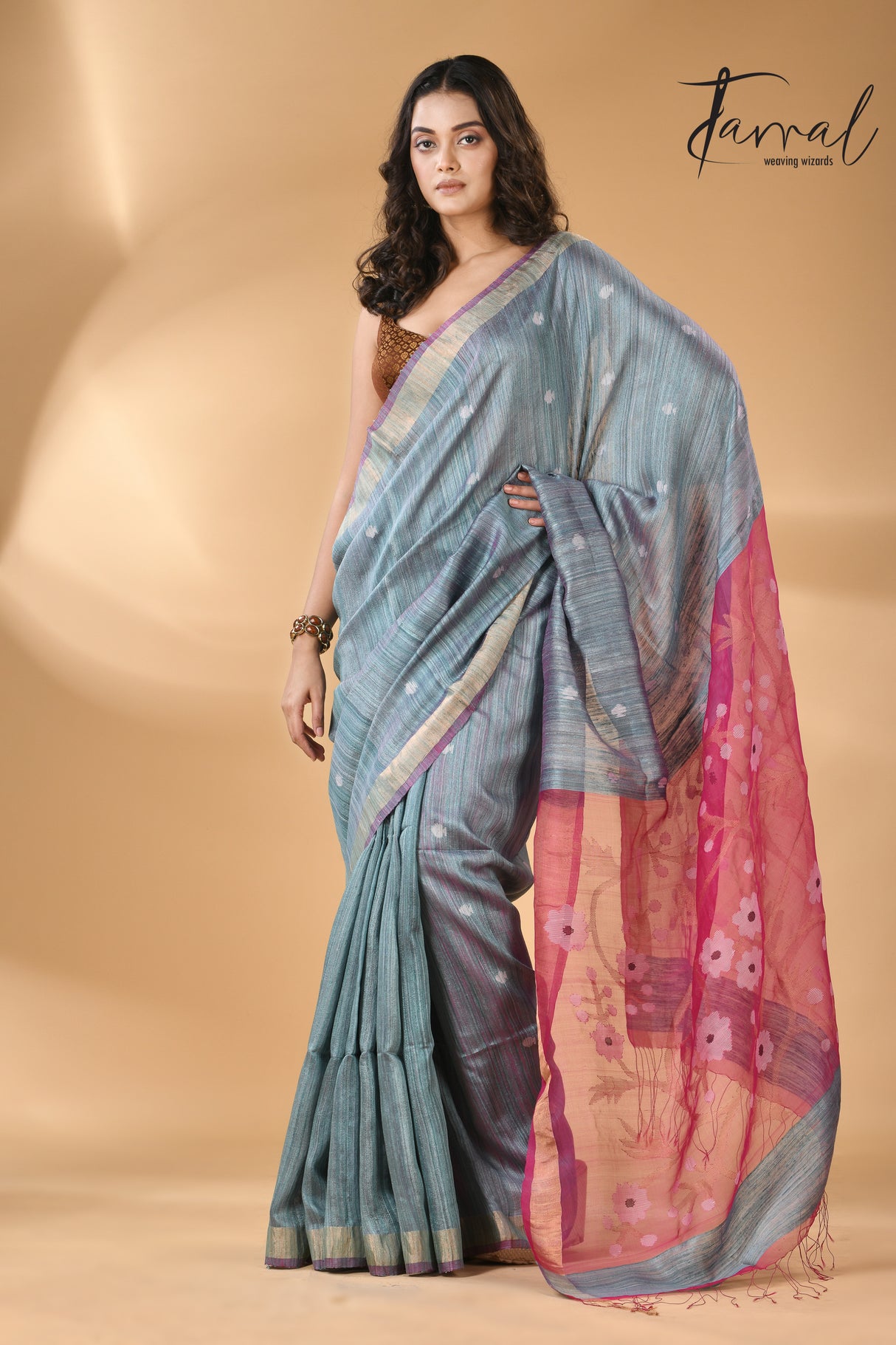 Powder blue with Rani pallu Matka silk handwoven needle work jamdani saree