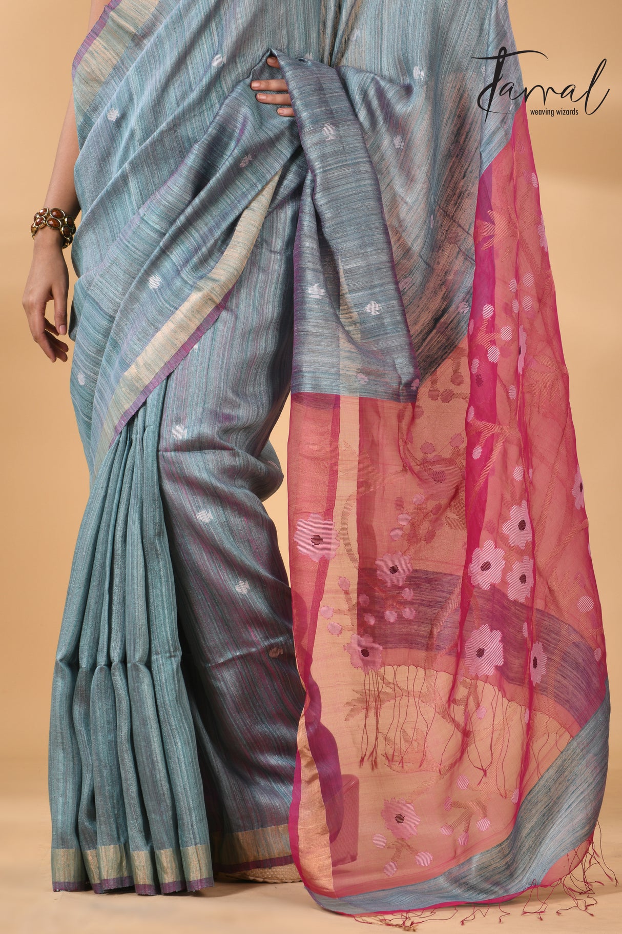 Powder blue with Rani pallu Matka silk handwoven needle work jamdani saree