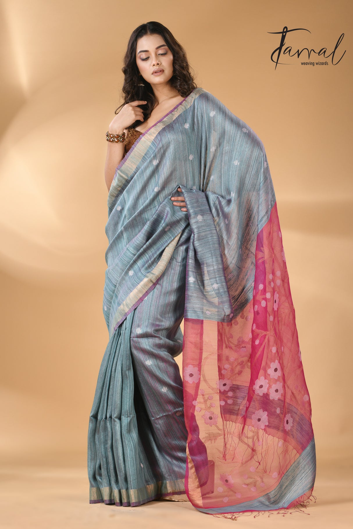 Powder blue with Rani pallu Matka silk handwoven needle work jamdani saree