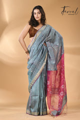 Powder blue with Rani pallu Matka silk handwoven needle work jamdani saree