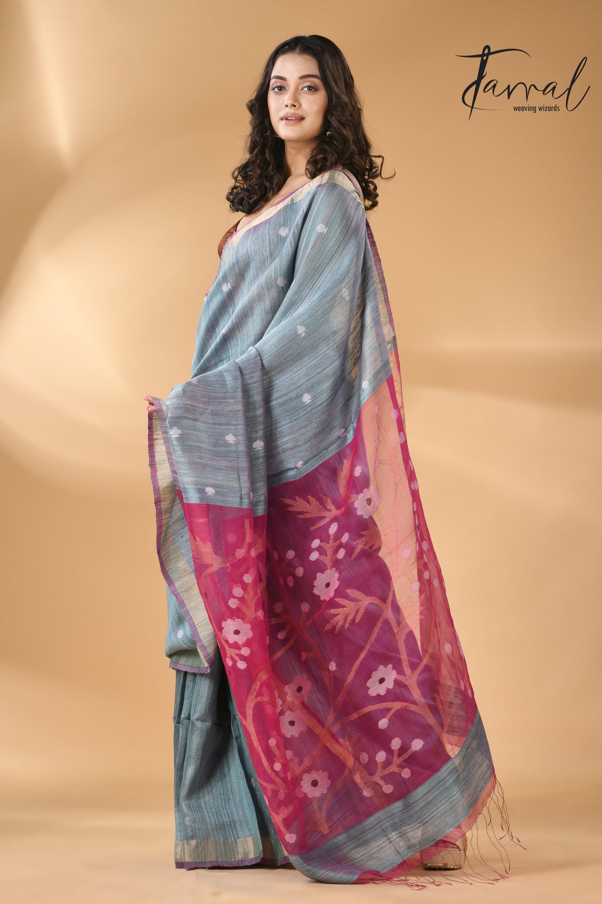 Powder blue with Rani pallu Matka silk handwoven needle work jamdani saree