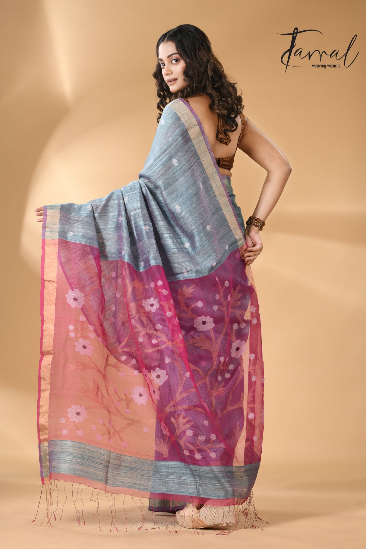 Powder blue with Rani pallu Matka silk handwoven needle work jamdani saree