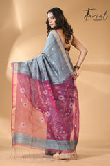 Powder blue with Rani pallu Matka silk handwoven needle work jamdani saree