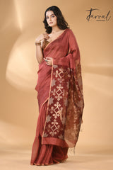 Maroon star pallu silk linen handwoven jamdani saree