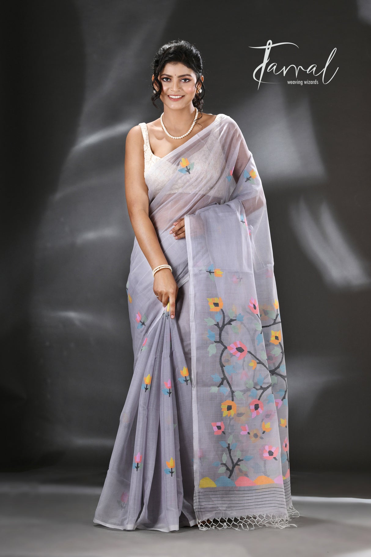 Still grey multi colour blossom floral tree motifs handwoven silk cotton saree