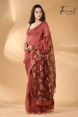 Maroon star pallu silk linen handwoven jamdani saree