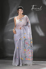 Still grey multi colour blossom floral tree motifs handwoven silk cotton saree