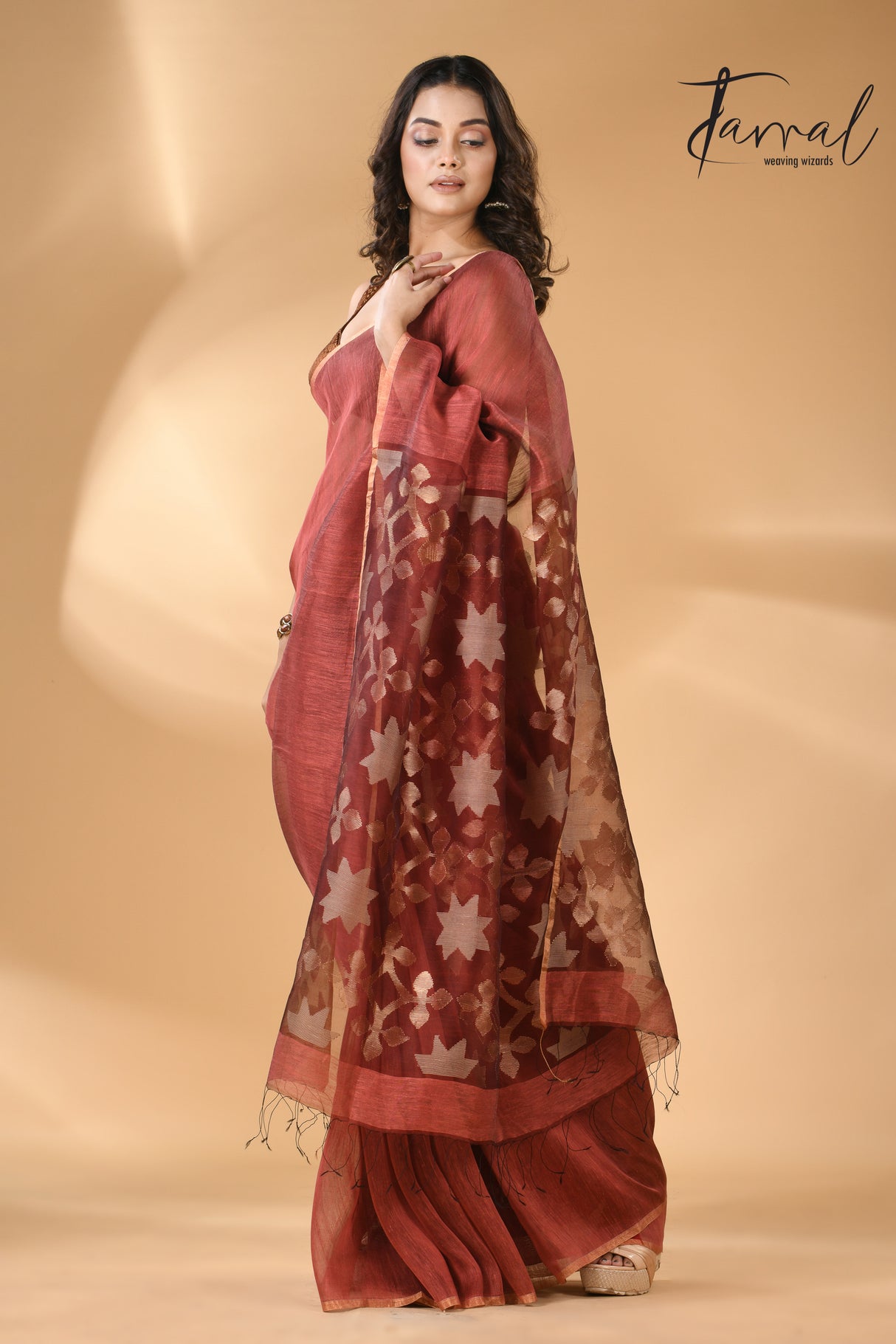 Maroon star pallu silk linen handwoven jamdani saree