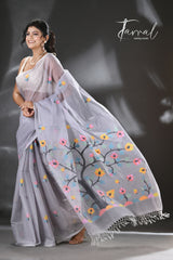 Still grey multi colour blossom floral tree motifs handwoven silk cotton saree