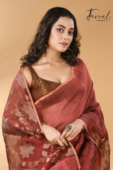 Maroon star pallu silk linen handwoven jamdani saree