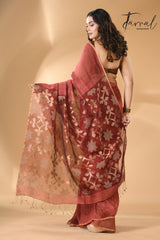 Maroon star pallu silk linen handwoven jamdani saree