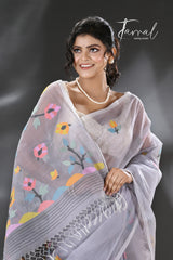 Still grey multi colour blossom floral tree motifs handwoven silk cotton saree