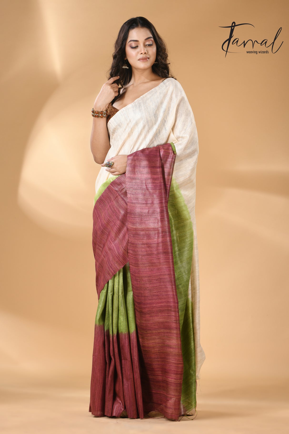 Offwhite with green & maroon pure bhagalpuri Tussar handloom saree