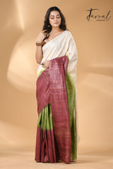 Offwhite with green & maroon pure bhagalpuri Tussar handloom saree