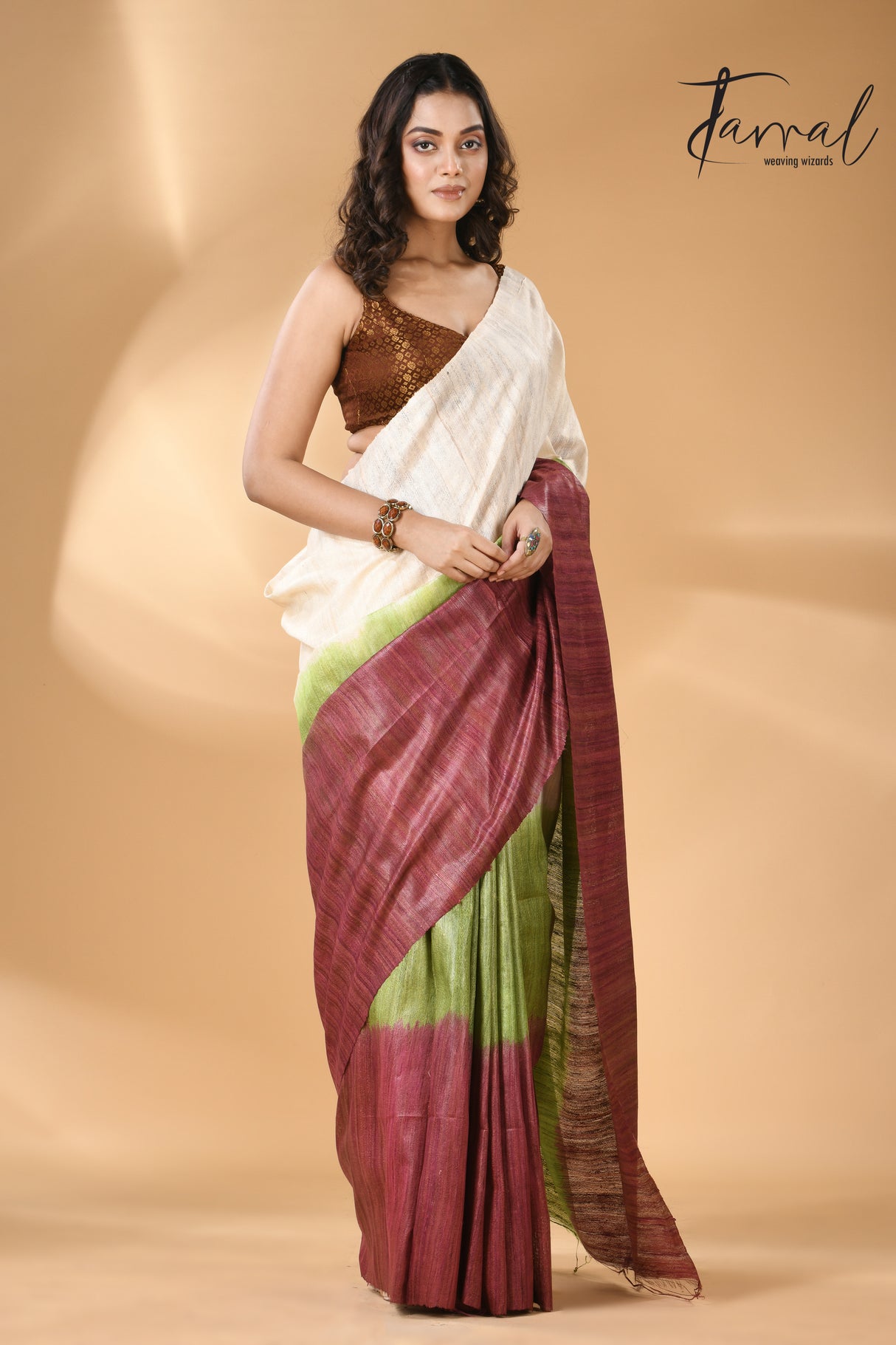 Offwhite with green & maroon pure bhagalpuri Tussar handloom saree