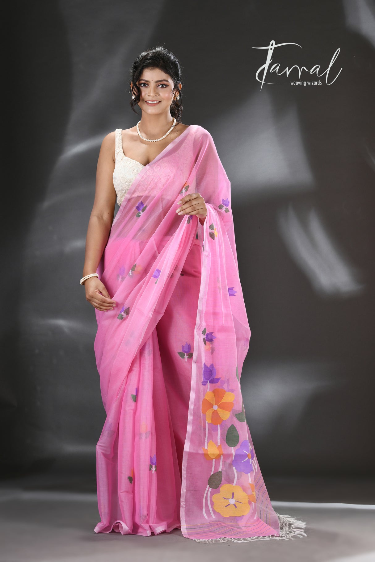 Sweet pink lotus pallu silk cotton handwoven jamdani saree