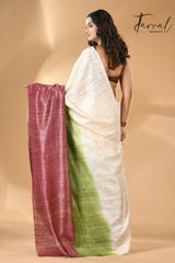 Offwhite with green & maroon pure bhagalpuri Tussar handloom saree