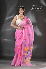 Sweet pink lotus pallu silk cotton handwoven jamdani saree