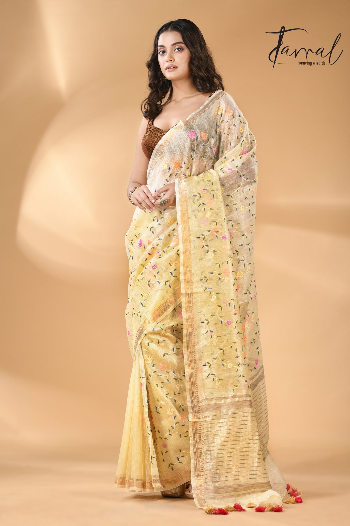 Cream with zari border silk linen embroidered handloom saree