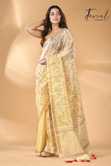 Cream with zari border silk linen embroidered handloom saree