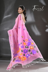 Sweet pink lotus pallu silk cotton handwoven jamdani saree