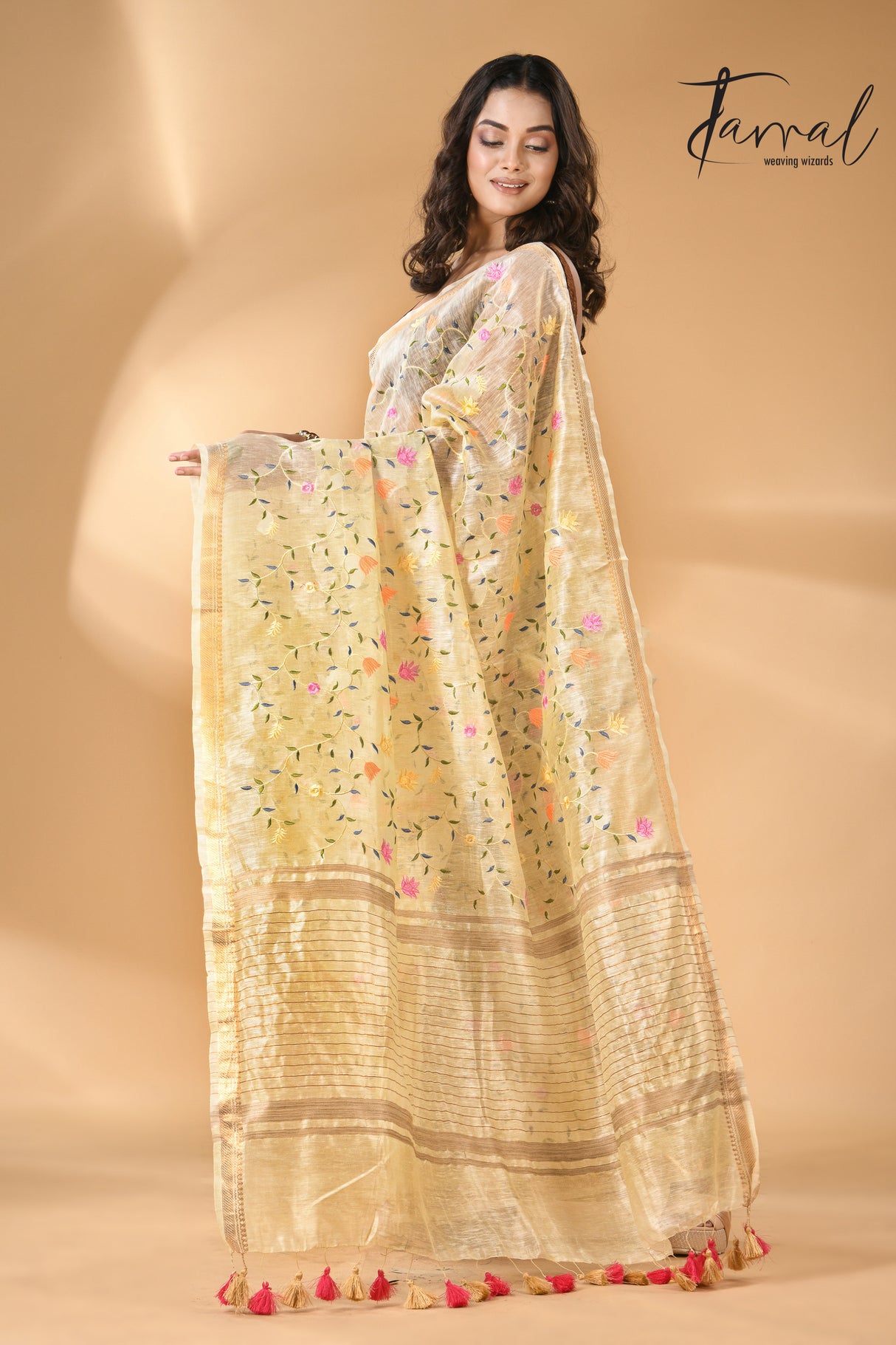 Cream with zari border silk linen embroidered handloom saree