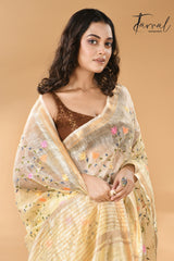 Cream with zari border silk linen embroidered handloom saree