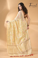 Cream with zari border silk linen embroidered handloom saree