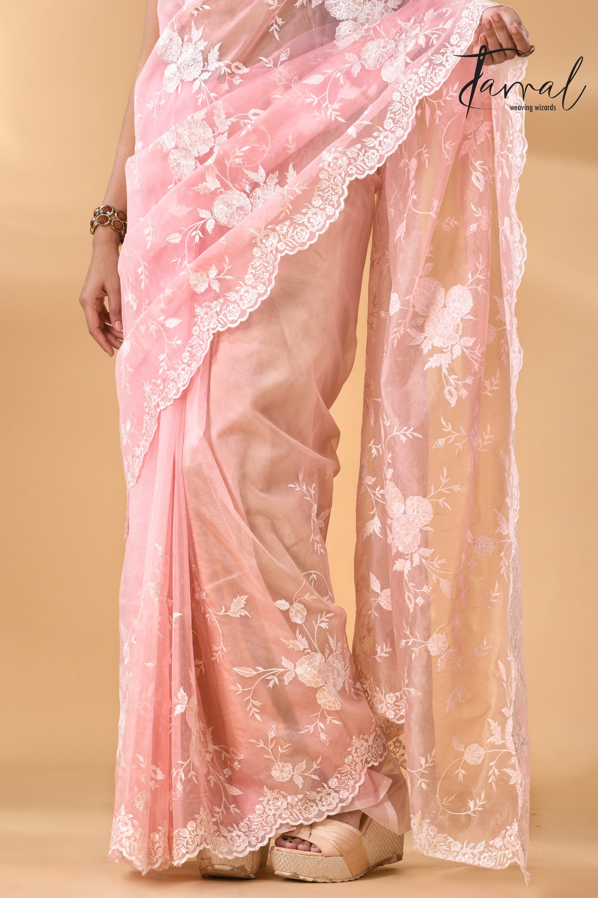 Baby pink organza embroidered handloom saree