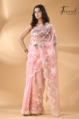 Baby pink organza embroidered handloom saree