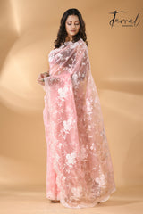 Baby pink organza embroidered handloom saree