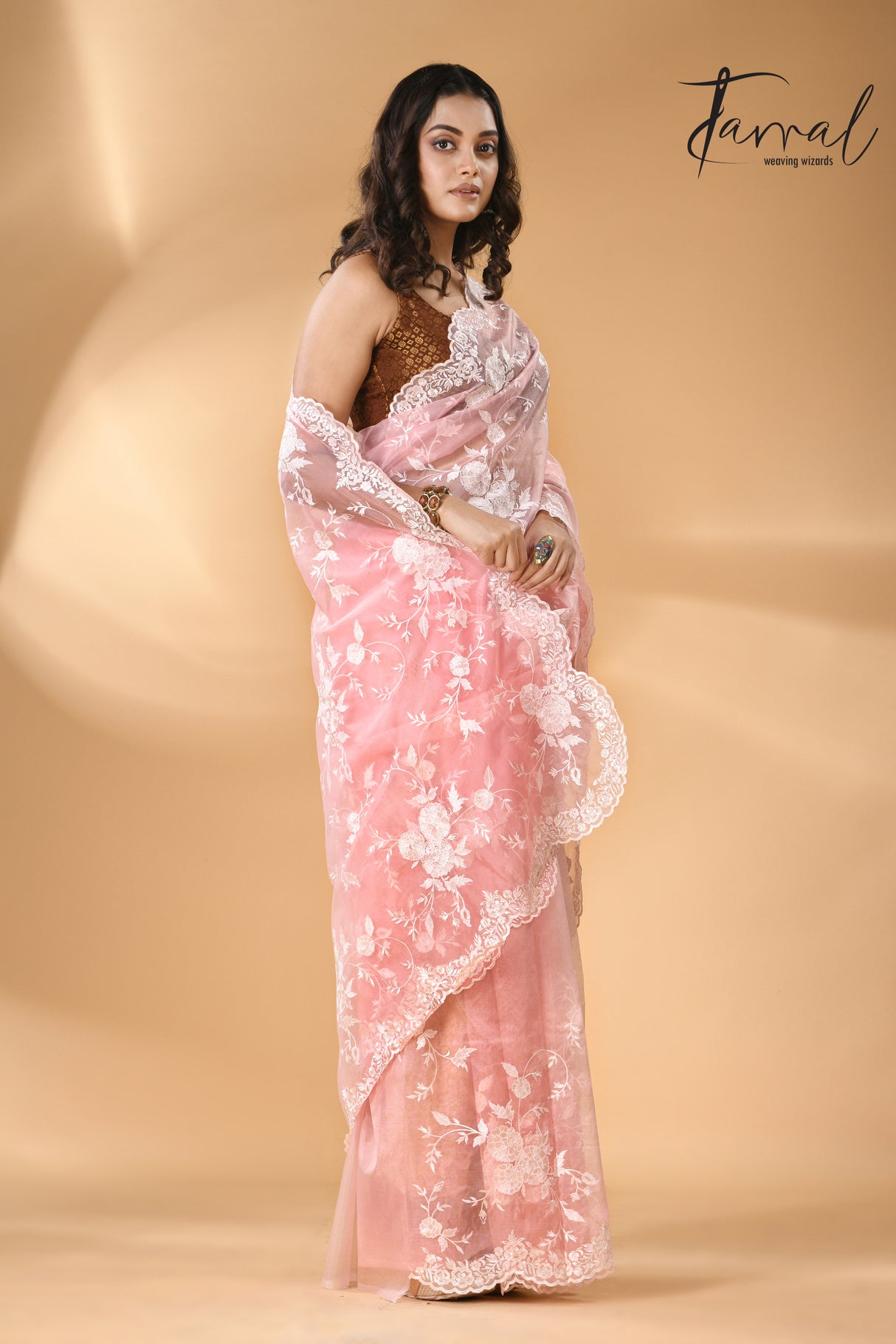 Baby pink organza embroidered handloom saree