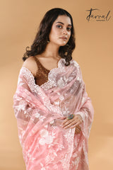 Baby pink organza embroidered handloom saree