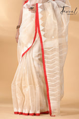 Ivory white with red temple border muslin silk handwoven neddle work jamdani saree