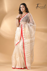 Ivory white with red temple border muslin silk handwoven neddle work jamdani saree