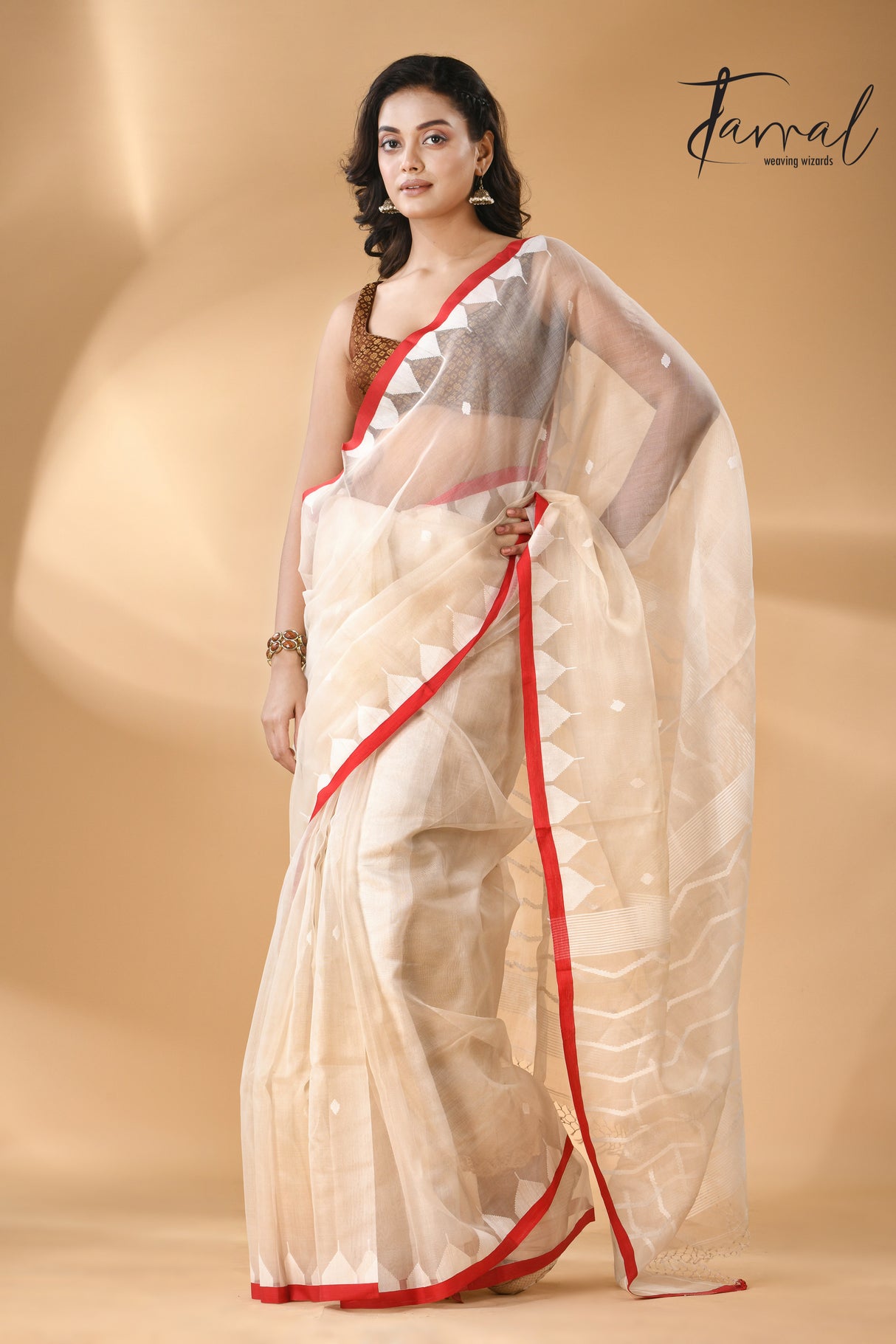 Ivory white with red temple border muslin silk handwoven neddle work jamdani saree