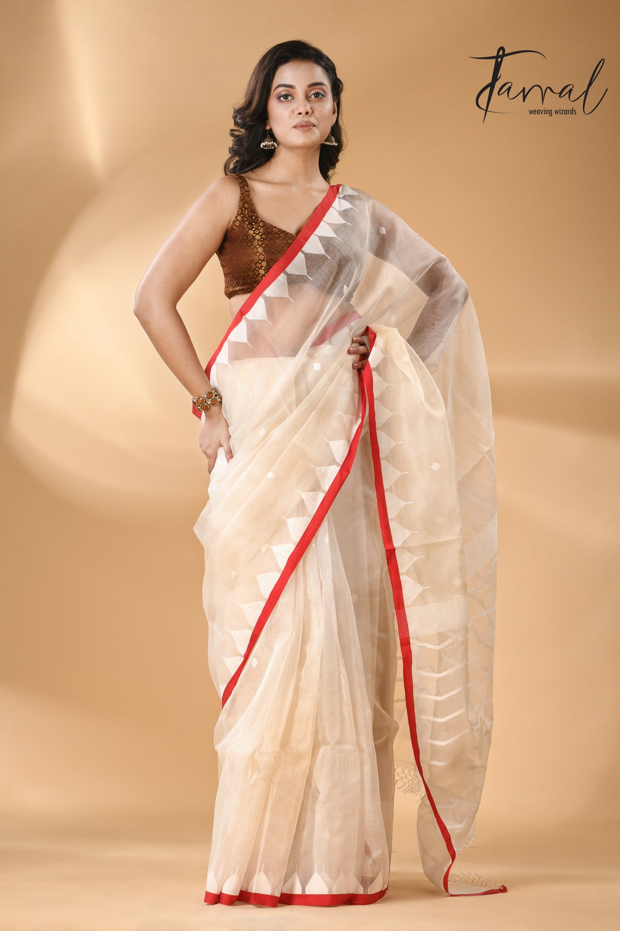 Ivory white with red temple border muslin silk handwoven neddle work jamdani saree