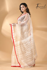 Ivory white with red temple border muslin silk handwoven neddle work jamdani saree