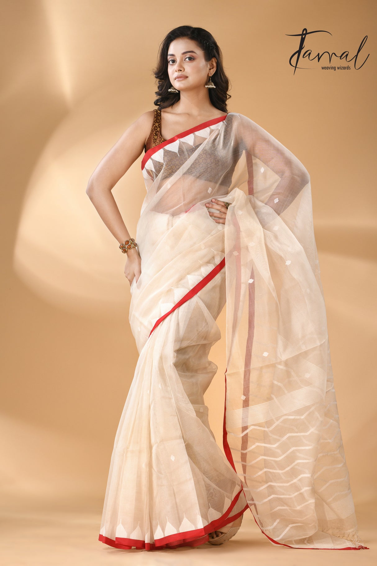 Ivory white with red temple border muslin silk handwoven neddle work jamdani saree