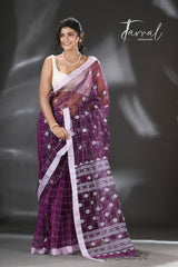 Violet with white organza silk handloom saree - Tamal Boutique