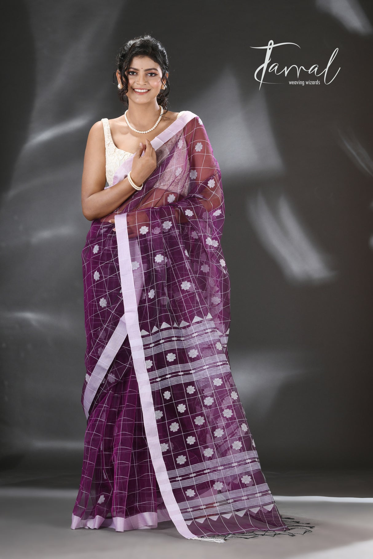 Violet with white organza silk handloom saree - Tamal Boutique