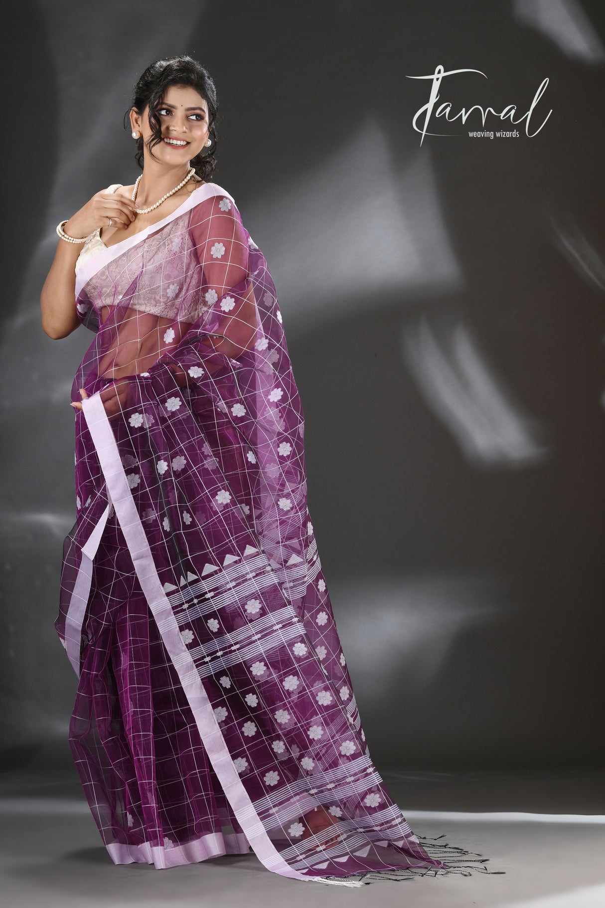 Violet with white organza silk handloom saree - Tamal Boutique